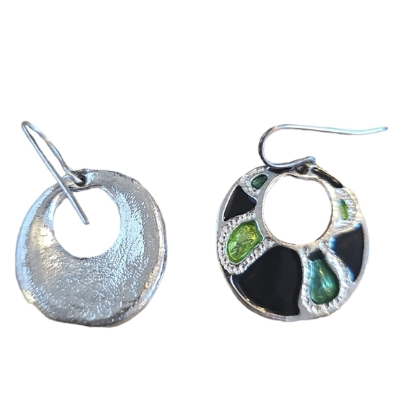 Native American Silver, Green Stained Glass and Jet Black Enamel Dangle Earrings - Picture 3 of 3
